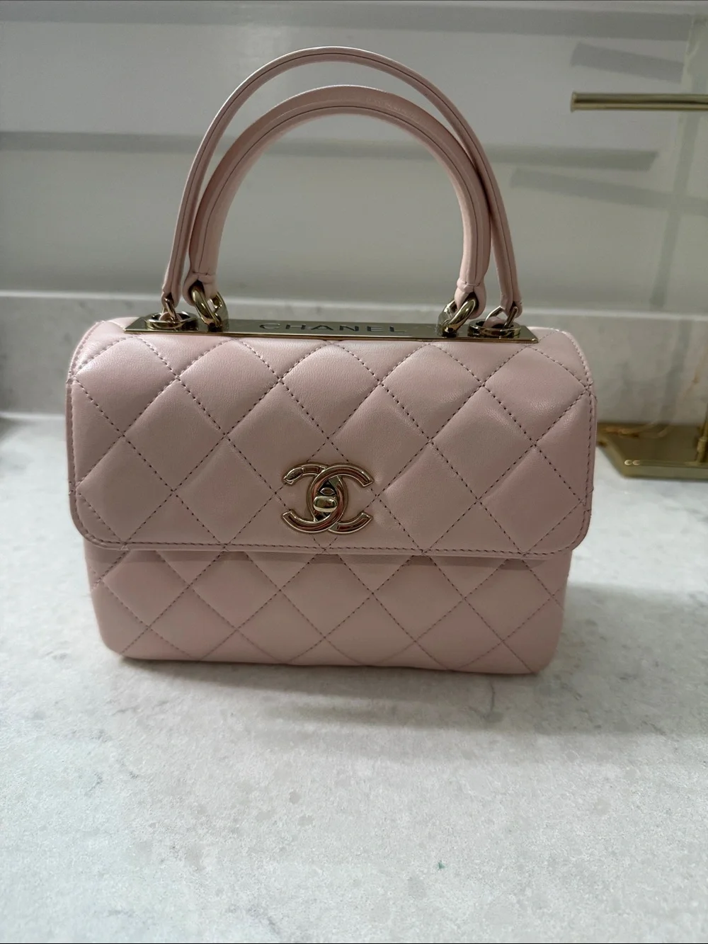 CHANEL Blush Quilted Top-Handle Mini Bag with Gold Hardware